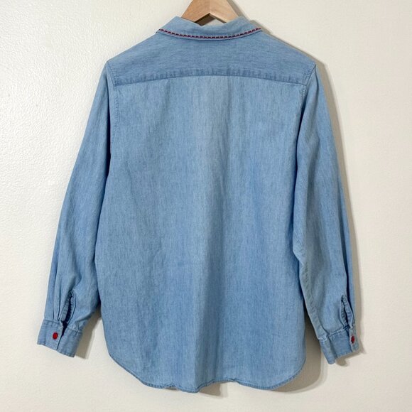 Vtg Christmas Stamps Denim Button Down Shirt Embroidered Holiday Festive Teacher - Picture 7 of 16